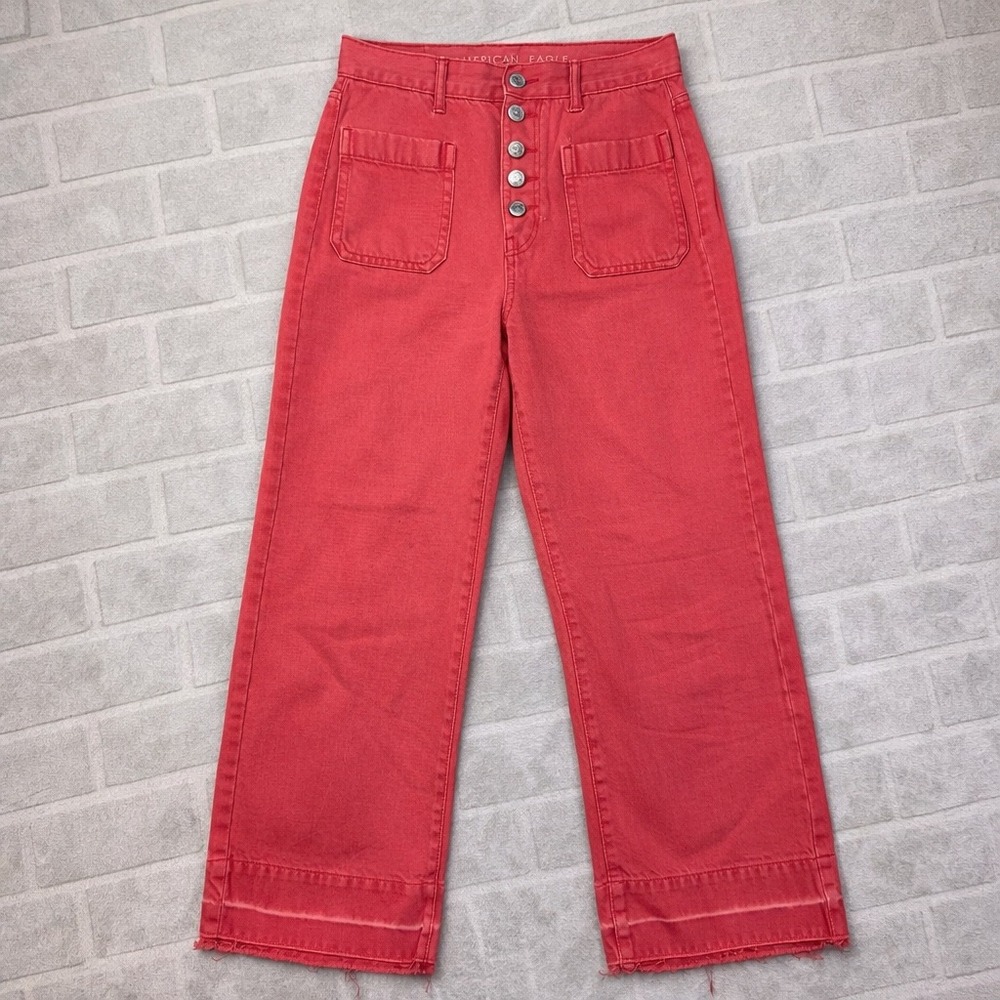 American Eagle Wide Leg Crop Jeans Women's Size 2  Red Orange Button Fly Raw Hem